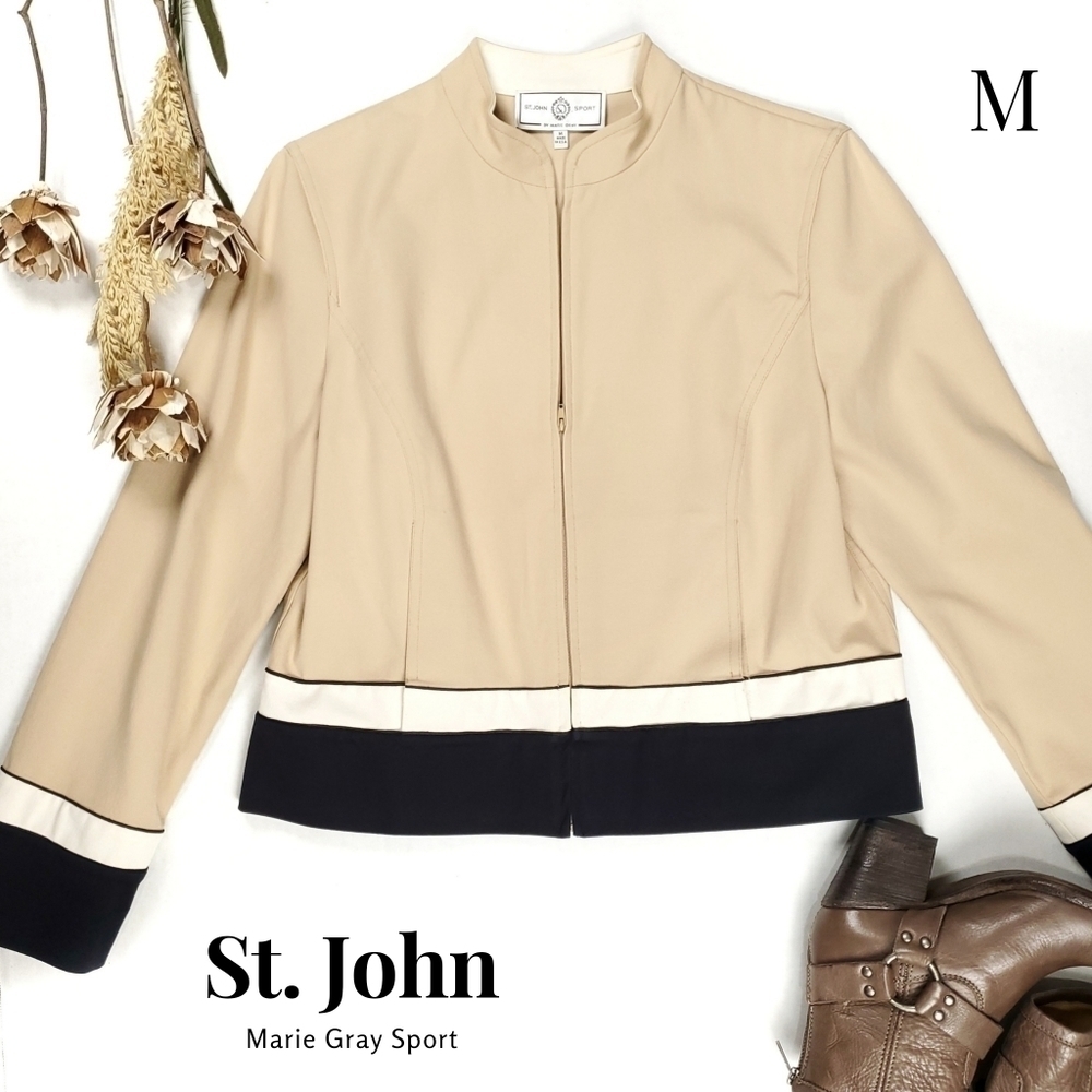 St. John  Marie Gray Sport Cream Black Blazer Sz M